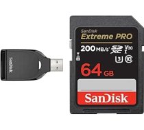 SanDisk SD UHS-I atmiņas karšu lasītājs, melns un Extreme PRO SDXC UHS-I atmiņas karte 64 GB (V30, pārneses ātrums 200 MB/s, U3, 4K UHD video, SanDisk QuickFlow tehnoloģija, izturīga pret temperatūru)