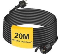 Āra pagarinātājs 20 m ar aizsargvāciņu H07RN-F 3G 2,5 mm², gumijas strāvas kabeļa pagarinātājs ar Schuko kontaktdakšu izmantošanai ārpus telpām IP44, elektrības kabelis ārā, 3500 W, 16 A 250 V, melns
