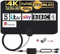 ONEKU TV antena ar pastiprinātāju Signāla HDTV antena DTT DVB-T / DVB-T 2 ar 4,4 m kabeli, antenas logs ciparu HD/VHF/UHF/FM signālam