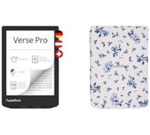 PocketBook e-grāmatu lasītājs 'Verse Pro' (vācu versija), 16 GB atmiņa, IPX8, Bluetooth, 15,2 cm (6 collu) E-Ink Carta displejs - zilganzaļš un vāka apvalks PocketBook Verse un Verse Pro - Ziedi
