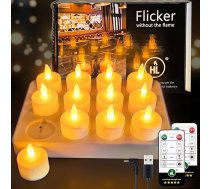 HL LED uzlādējamas tējas gaismas ar tālvadības pulti un taimera funkciju, 50+ stundu uzlādējamas LED bateriju sveces ar uzlādes staciju un USB kabeli, paredzētas Ziemassvētku Helovīna dekorēšanai, iepakojumā ir
