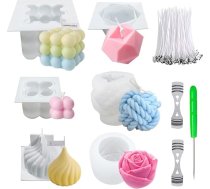 6 gabalu sveču pelējuma burbuļu sveču komplekts, 3D DIY silikona pelējuma sveču liešanas veidnes un sveču dakts komplekts, dzijas bumbiņu rožu sveču veidnes liešanai kā mājas rotājumi, DIY aromātiskās sveces,