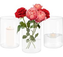 3 stikla cilindriskās vāzes, 15 cm augstas, diametrs 10 cm, caurspīdīga stikla vāzes cilindrs, galda vāze ziediem, svecēm, peldošām svecēm, zaļumiem