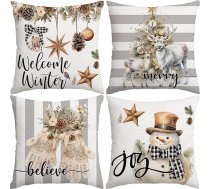 Ziemassvētku spilvenu pārvalki 40x40cm komplekts no 4 Sniegavīra cimdi Welcome Winter Grey White Stripes Ziemassvētku dekori Ziemas lauku mājas dekori mājai