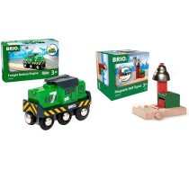 BRIO Bahn 33214 – akumulatora kravas lokomotīve un World 33754 magnētiskais zvana signāls – dzelzceļa piederumi koka vilcienam – rotaļlieta maziem bērniem; ieteicams bērniem no 3 gadu vecuma