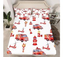 Homewish Ugunsdzēsēju mašīna Pieguļošs pārklājs sarkans 90 x 190 cm ar 1 spilvendrānu Pieguļošs pārklājs vienvietīgai gultai Bērni Zēni Ugunsdzēsēju ugunsdzēsēju gultas pārklājs Ugunsdzēsēju ugunsdzēsēju matrača pārvalks Heliko