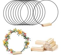 8 metāla gredzenu komplekts amatniecībai, 30 cm centrālie makrame gredzeni ar koka karšu turētāju, DIY vainags, amatniecība, sapņu ķērājs kāzu vainagu dekorēšanai un sienas piekāršanai (melns gredzens)