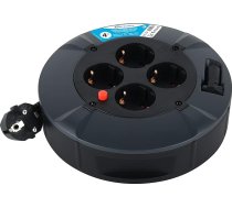 Electraline 49076 Kabeļu rullis 4 virzienu 4 m kabeļu IP20 iekštelpu kabeļu rullis ar 4 Schuko ligzdām / Kabeļu kaste ar pagarināšanas kabeli / Kabeļu rullītis ar kloķi, melns