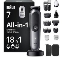 Braun All-in-One Series 7, 18-in-1 Multigroom, bārdas trimmeris, deguna matu trimmeris, matu trimmeris sejai, galvai un ķermenim, 120 min. akumulators, 14 garumi (0,1-21 mm), ūdensizturīgs, AIO7585, pelēks