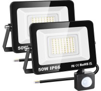 RIGIDON 2 x 50 W āra gaisma ar kustības sensoru, LED prožektors, āra LED lampa, 5000 LM 3000 K silti balta LED prožektora āra gaisma, ūdensizturīgs āra prožektors dārzam, garāžai, nojumei