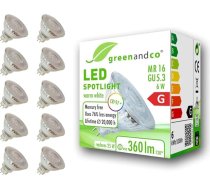 greenandco 10x CRI 97+ MR16 GU5.3 LED prožektors, 6 W, 360 lm, 2700 K silti balta, 110°, 12 V AC/DC, bez apgaismojuma