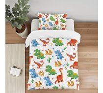 Bērnu gultas veļa 135 x 200 cm Dino gultas veļa bērniem – zēniem un meitenēm – balta, krāsains dinozauru raksts, mikrošķiedras sega un spilvendrāna 80 x 80 cm ar rāvējslēdzēju