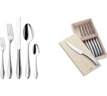 WMF Verona galda piederumu komplekts, monobloka naži un picas naži, pulēts Cromargan nerūsējošais tērauds, zobaina mala, piemēroti mazgāšanai trauku mazgājamā mašīnā, koka kastē, 12 personām, 60 gab., ieskaitot 6 gab. gaļas nažu komplek
