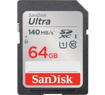 SanDisk Ultra SDXC UHS-I atmiņas karte 64 GB (sākumlīmeņa un vidējas klases kompaktkamerām, Full HD video, U1, C10, V10, lasīšanas ātrums līdz 140 MB/s)