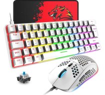 T60 Mini 60% mehāniskās tastatūras peles komplekts, kompakts, 62 taustiņi, C tipa vadu, 19 fona apgaismojums, spēļu tastatūra + 6400 DPI RGB pele + peles paliktnis, UK izkārtojums, PC, klēpjdatoram, balts/zils slēdzis