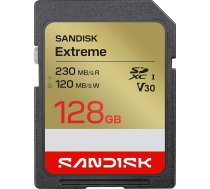 SANDISK Extreme SD UHS-I karte 128 GB (līdz 230 MB/s lasīšanas ātrums un 120 MB/s rakstīšanas ātrums, 4K UHD video U3, V30) SANDISK Memory Zone lietotne