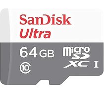 SanDisk Ultra microSDXC 64GB, līdz 100MB/s, 10. klase, UHS-I, Full HD video, balta/pelēka