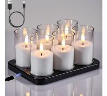 Eldnacele uzlādējamas LED votive sveces ar 6H taimeri, 6 tējas lampu komplekts ar uzlādes staciju, akrila korpuss, darbojas ar akumulatoru, Ziemassvētku dekorēšanai (caurspīdīgs)