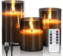 daphomeu uzlādējamas LED sveces ar tālvadības pulti un taimeri, mirgojošas elektriskās LED sveces mājas dekorēšanai, kāzām, ballītēm, Helovīnam, Ziemassvētkiem, 3D imitācijas sveces, pelēks stikls, 3 gab. iepakojumā
