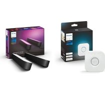 Philips Hue White and Color Ambiance Play Light Bar, 2 gabali, ieskaitot Hue Bridge, melns, līdz 16 miljoniem krāsu, vadāms ar lietotnes palīdzību, saderīgs ar Amazon Alexa