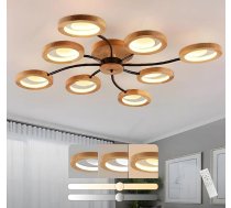Mūsdienīgs LED griestu gaismeklis, diametrs 114 cm, lustra ar tālvadības pulti, 3000 K - 6000 K, melns stienis + 8 koka gredzeni, metāla apaļš abažūrs, dzīvojamā istaba, guļamistaba, ēdamistaba, kabinets
