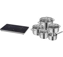 WMF Kult X dubultā indukcijas plīts, plīts līdz 28 cm, 3500 W & Provence Plus 5 detaļu indukcijas katlu komplekts, katlu komplekts ar stikla vāku, pulēts Kromargana nerūsējošais tērauds, pannu komplekts, bez pārklājuma