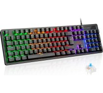 Rii mehāniskā spēļu tastatūra, spēļu tastatūras kabelis ar QWERTZ, zils slēdzis (skaļš), pilna izmēra tastatūra (nav iespējams nomainīt, vārpstas nav maināmas)