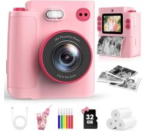 Momentuzņēmums bērniem, 1080P HD bērnu fotokamera ar 32 GB karti un papīra printeri, bērnu rotaļlieta, dzimšanas dienas un Ziemassvētku dāvanas zēniem / meitenēm no 3 līdz 12 gadiem (rozā)