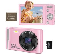 Digitālā kamera 4K 50 MP kamera ar automātisko fokusu 32 GB SD karte Kompaktā kamera ar 2,8 collu HUD ekrānu, 16x digitālo tālummaiņu, 1 akumulatoru bērniem, pusaudžiem, studentiem, iesācējiem, rozā krāsā