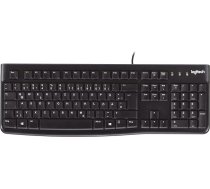 Logitech K120 vadu tastatūra operētājsistēmai Windows, USB ports, Silent Touch, izturīga, noturīga pret šļakatām, regulējams tastatūras statīvs, Šveices QWERTY izkārtojums - melna