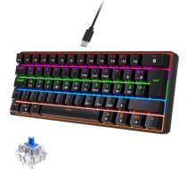 60% Mehāniskā spēļu tastatūra QWERTZ (DE izkārtojums), 62 taustiņi, zili slēdži, RGB apgaismojums, anti-garšīgs, vadu, īpaši kompakta, kompakta spēlēm - melna