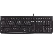 Logitech K120 Biznesa vadu tastatūra Windows un Linux operētājsistēmām, USB ports, Silent Touch, izturīga, noturīga pret šļakatām, tastatūras statīvs, Beļģu AZERTY izkārtojums Melna