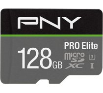 PNY PRO Elite 128GB microSDXC atmiņas karte + SD adapteris, 100MB/s lasīšanas ātrums, 90MB/s rakstīšanas ātrums, 10. klase UHS-I, U3, A1 App Performance, V30 4K video ierakstīšanai