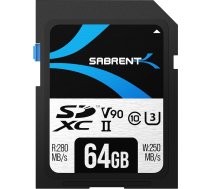 SABRENT SD karte 64GB V90 UHS-II U3 SDXC 10. klases karte, 280MB/s nolasīšanai, 250MB/s ierakstīšanai - profesionāla atmiņas karte 4K 8K video, DSLR, droniem, kamerām (SD-TL90-64GB)