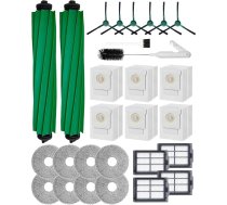 Yivy 28 gabalu piederumu komplekts, kas saderīgs ar iRobot Roomba Plus 405/505 Combo robotu putekļsūcēju, detaļu saturs: 2 rullīšu sukas, 6 sānu sukas, 6 putekļu maisiņi, 4 HEPA filtri, 8 slaucīšanas paliktņi, 1 tīrīšanas līdzeklis.