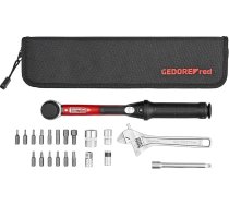 GEDORE sarkans velosipēda griezes momenta instrumentu komplekts, 21 gabals, griezes momenta atslēga 1/4 collas 2,5–25 Nm, gimbala pagarinājums, piedziņas adapteris, uzgaļi, regulējama atslēga, remonta komplekts ar somu, R21702021