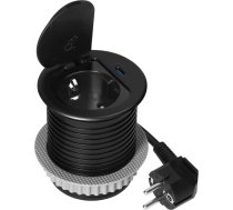 Mēbeles kontaktligzda ?6cm iebūvēta galda virsmā ar vāciņu, USB lādētājs un kabelis 1,9m, 1x2P+Z (Schuko), 1xUSB (C tips; 20W), melns
