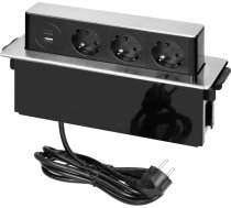 Izvelkamā mēbeļu kontaktligzda ar plakanu flīzētu malu, USB lādētājs un 2 m kabelis, 3x2P+Z (Schuko), 2 x USB (A+C tips ; PD20W), 3x1,5 mm?, INOX
