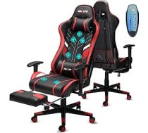 Douxlife spēļu krēsls ar 7 punktu masāžu, kāju balsts, ergonomisks biroja krēsls, 90-175° regulējams atzveltnes balsts, regulējams 2D roku balsts, datorspēlētāju krēsls, darba galda krēsls, 180 kg, melns, sarkans