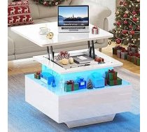 YITAHOME Kafijas galdiņš Regulējams augstums ar LED apgaismojumu Moderns 60 x 60 x 45 cm Gleznains viesistabas galds ar atvērtu displeja plauktu un 2 atvilktnēm