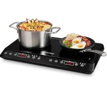Mobilā indukcijas plīts, 2 plātnes, 3500 W dubultā indukcijas plīts ar 6 jaudas līmeņiem, 10 temperatūras līmeņiem, 3 stundu taimeris, skārienvadība, ideāli piemērota kempingiem un virtuvei, melna