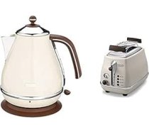 De'Longhi Icona Vintage CTOV2103.BG 2-ietilpīgs grauzdiņš ar bulciņu piederumu, nerūsējošais tērauds, elegants retro izskats ar hromētām detaļām, bēšs & Icona Vintage KBOV2001.BG tējkanna 1,7 l, bēša krāsa