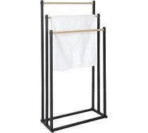 Relaxdays Rokas dvieļu turētājs, H x W x D: 86 x 44 x 21 cm, metāla, 3 stieņi ar koka izskatu, stāvošs dvieļu turētājs, melns/ dabīgs