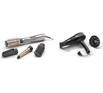 BaByliss Air Style 1000 karstā gaisa birste ar jonu tehnoloģiju, 4 pielikumi, AS136E, 1 gab., sudraba, rozā zelts & Cordkeeper 2000 jonu fēns D373E, 2000 Watt, melns