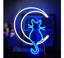 Kaķis Mēness Neona kaķis Gaismas zīme sienas apdare, balta zila gaismas zīme USB Power LED zīme guļamistabai Dzīvojamā istaba Bērnu istaba Pet Shop Party Club (Mēness kaķis)