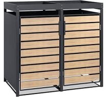 Zelsius atkritumu urnu kastīte uz riteņiem, 2 tvertnes ar augu jumtu, (W) 132 x (D) 80 x (H) 124 cm, antracīts RAL 7016, durvis ar koka izskatu un pagarinājuma iespēju, atkritumu urnas uz riteņiem, atkritumu urnu uz riteņiem vāks