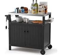 TORVA Pārnēsājams āra BBQ sagatavošanas galds ar uzglabāšanas vietu Ūdensizturīgs āra grila skapis Nerūsējošā tērauda galda virsma Āra virtuves salas BBQ grozs ar riteņiem, āķiem un sānu plauktu (melns)