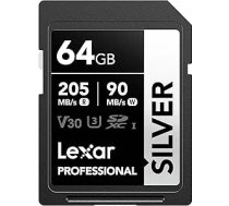 Lexar Silver SD karte 64 GB, UHS-I SDXC karte, 205 MB/s lasīšanas ātrums, 90 MB/s rakstīšanas ātrums, V30, U3, C10, 4K UHD video, SD atmiņas karte ar Lexar Lifetime datu atjaunošanas funkciju