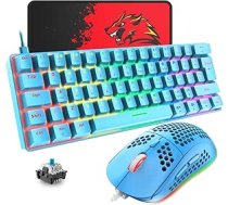 T60 Mini 60% mehāniskās tastatūras peles komplekts, kompakts, 62 taustiņi, C tipa vadu, 19 aizmugures apgaismojuma spēļu tastatūra + 6400 DPI RGB pele + peles paliktnis, UK izkārtojums, PC, klēpjdatoram, zils/zils slēdzis