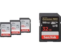 SanDisk Ultra SDHC UHS-I 32 GB atmiņas karte 3 iepakojumā un Extreme PRO SDHC UHS-I 32 GB atmiņas karte (V30, pārraides ātrums 100 MB/s, U3, 4K UHD video, temperatūras izturība)